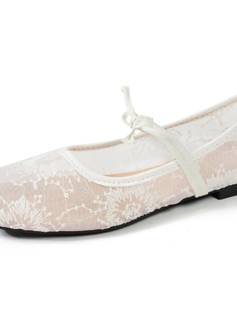 Women's Ballet Flats Lace Mesh Embroidery Bow Slip On Mary Jane Shoes Square Toe